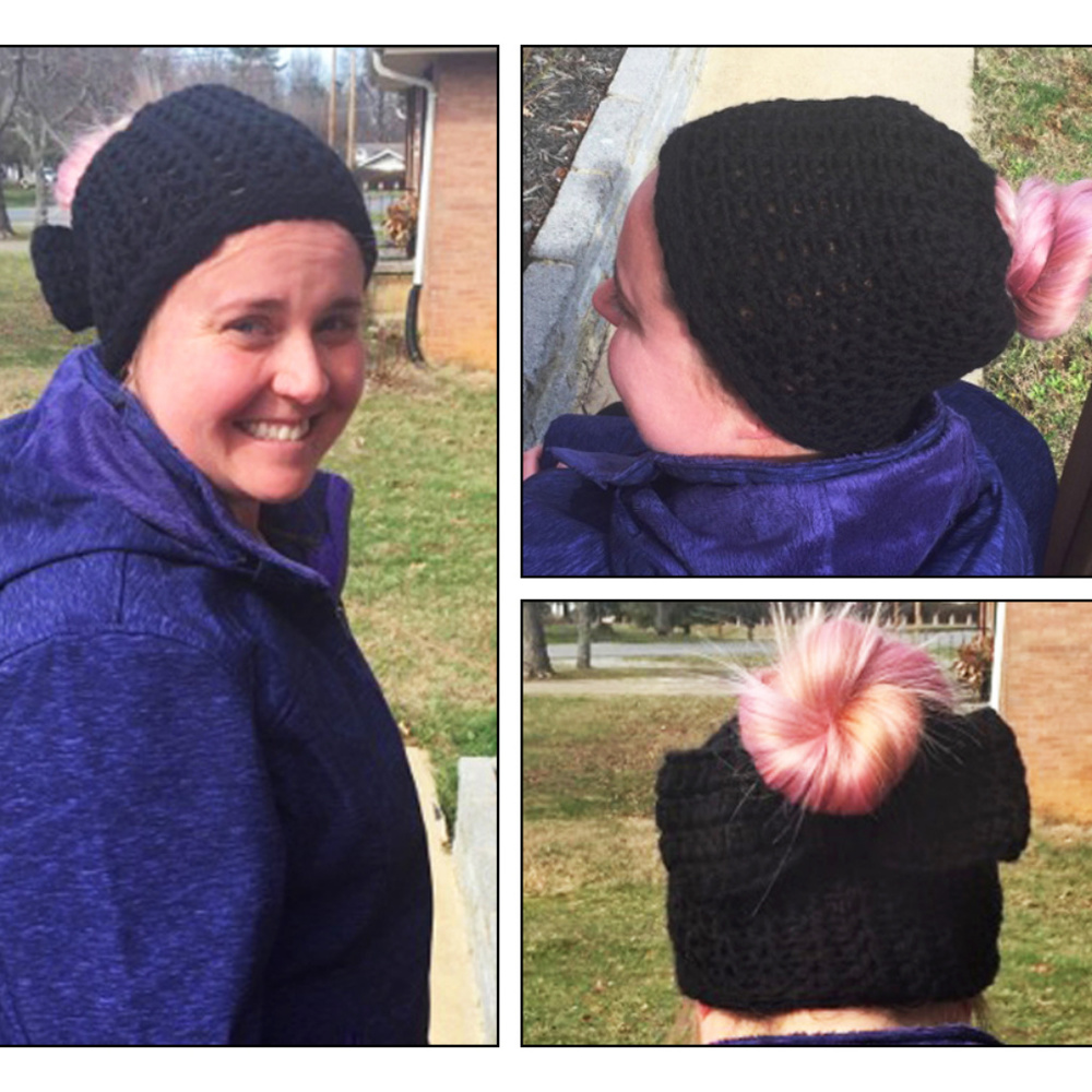 Black Messy Bun Beanie Hat - MADE TO ORDER